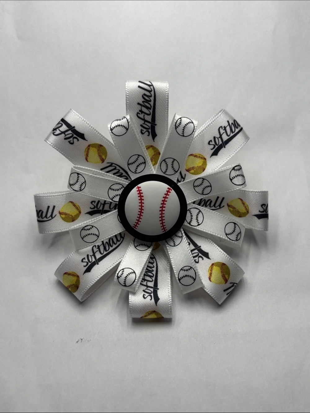 White Softball Ribbon Hair Bow with Softball Center